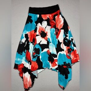 Double Click Handkerchief Hem Skirt Women M Abstract Floral Teal Red Asymetrical